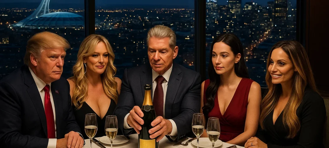 Donald Trump, Stormy Daniels, Vince McMahon, Janel Grant, trish stratus, in a luxurious restaurant head to head with a champagne bottle, on the edge of a window in a Montréal skyscraper with a beautiful view of the city at night with olympique stadium + downtown montreal