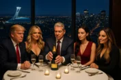 Donald Trump, Stormy Daniels, Vince McMahon, Janel Grant, trish stratus, in a luxurious restaurant head to head with a champagne bottle, on the edge of a window in a Montréal skyscraper with a beautiful view of the city at night with olympique stadium + downtown montreal