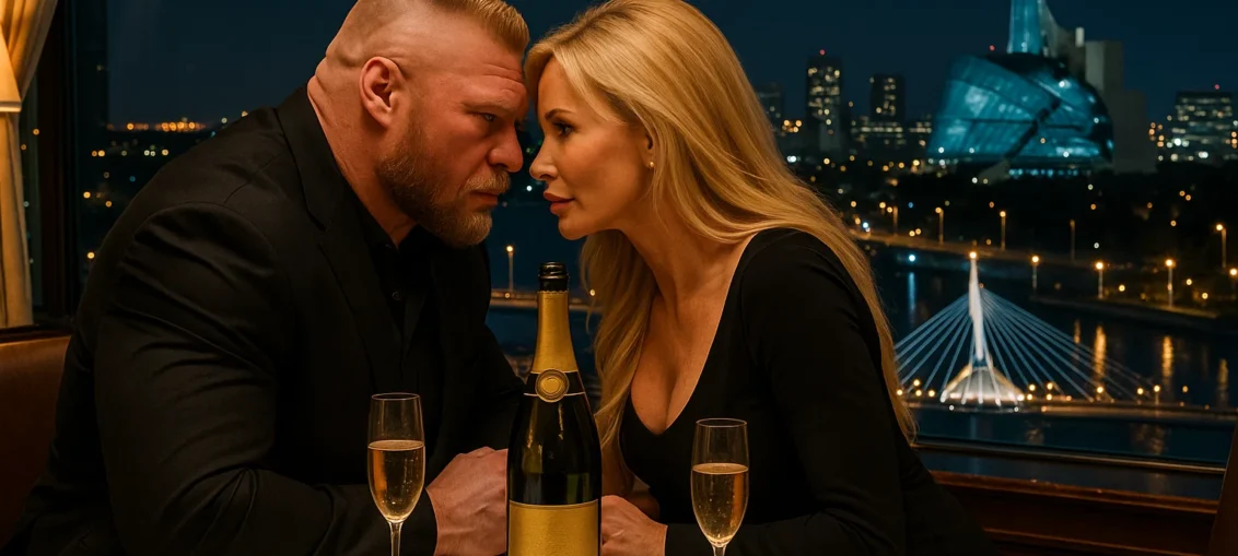 Brock Lesnar and Sable, in a luxurious restaurant head to head with a champagne bottle, on the edge of a window in a Winipeg skyscraper with a beautiful view of the city at night with Esplanade Riel, anadian Museum for Human Rights