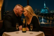 Brock Lesnar and Sable, in a luxurious restaurant head to head with a champagne bottle, on the edge of a window in a Winipeg skyscraper with a beautiful view of the city at night with Esplanade Riel, anadian Museum for Human Rights