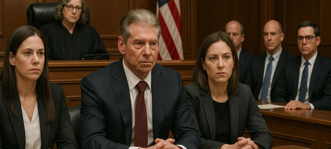 Vince McMahon in court with two female lawyers, a female judge, and three male lawyers representing the TKO group