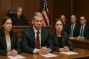 Vince McMahon in court with two female lawyers, a female judge, and three male lawyers representing the TKO group