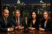 Dr Carlon Colker, Vince McMahon, Janel Grant, Ann Callis lawyer, in a luxurious restaurant head to head with a champagne bottle with inscrpition "JDX", on the edge of a window in a NewYork city skyscraper with a beautiful view of the city at night.